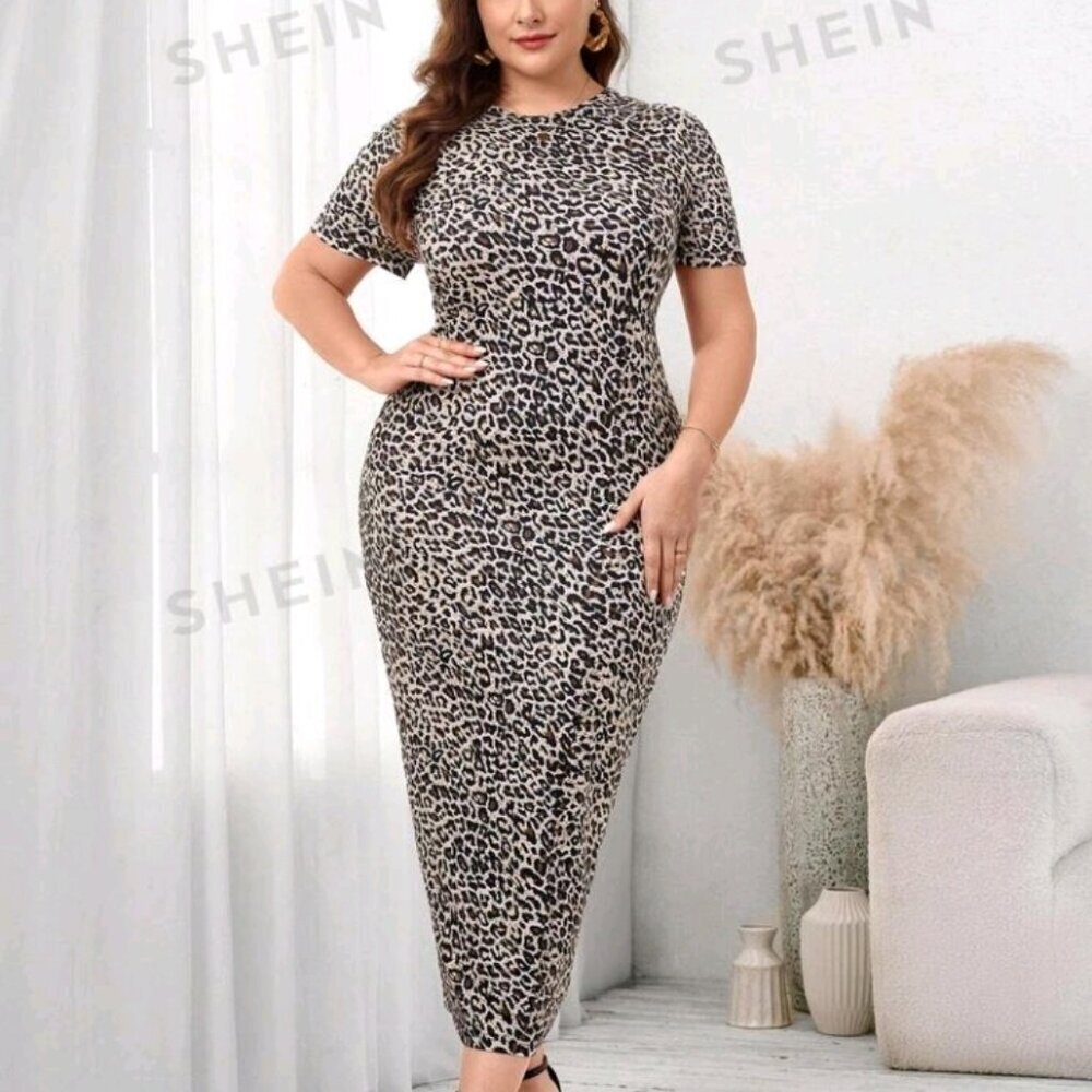 Clasi Plus Size Women's Leopard Print Bodycon Midi Dress - Picture 6 of 8